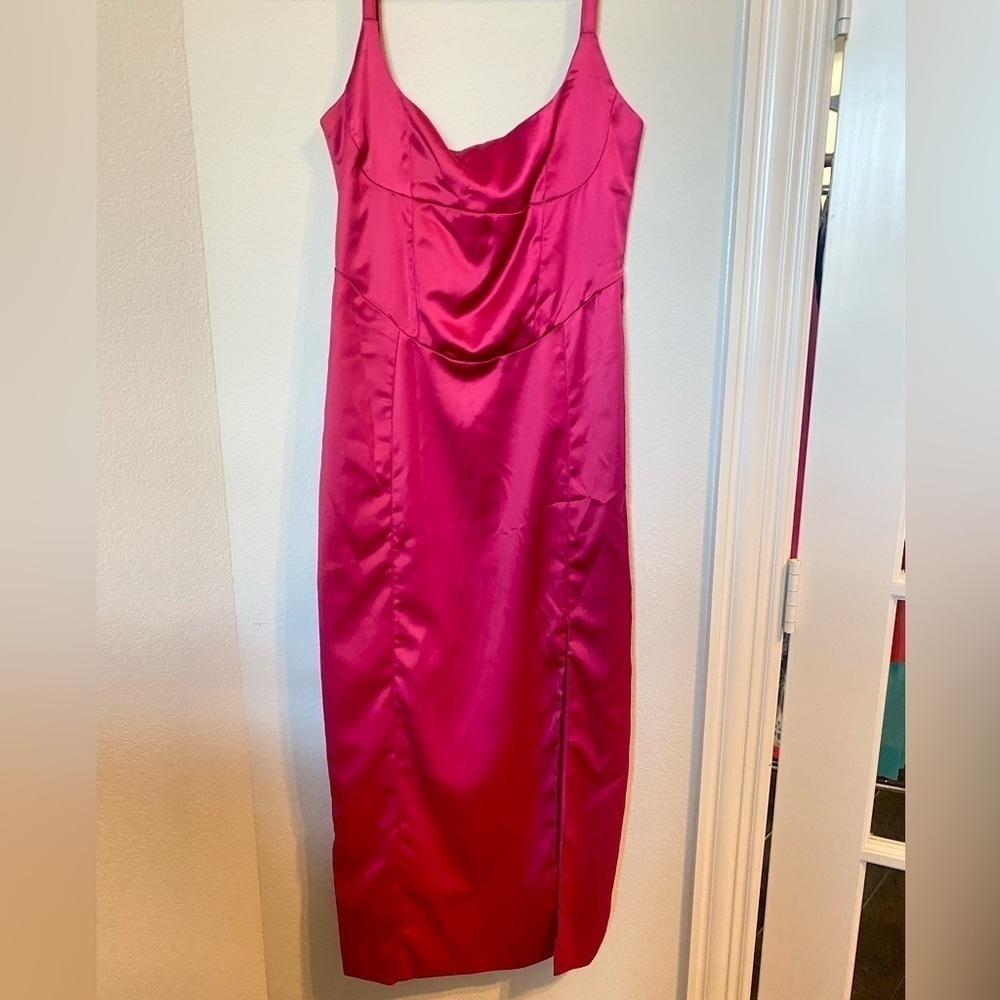 NWOT Fuchsia Satin Midi Slip Dress, Spaghetti Strap, Elegant & Feminine Hot Pink